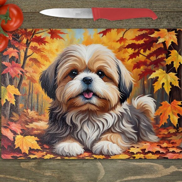 Shih Tzu Dog Fall Kitchen Textured Tempered Glass Trivet/Cutting Board - Picture 1 of 2
